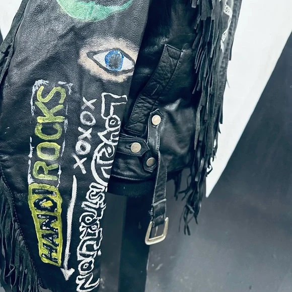 Guns ‘n Roses, One of a Kind, Hand Painted Vintage Black Leather Fringe Jacket